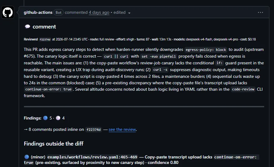 code-review screenshot example A screenshot of a live code-review generate comment on a PR showing duration, cost, models, and a summary.